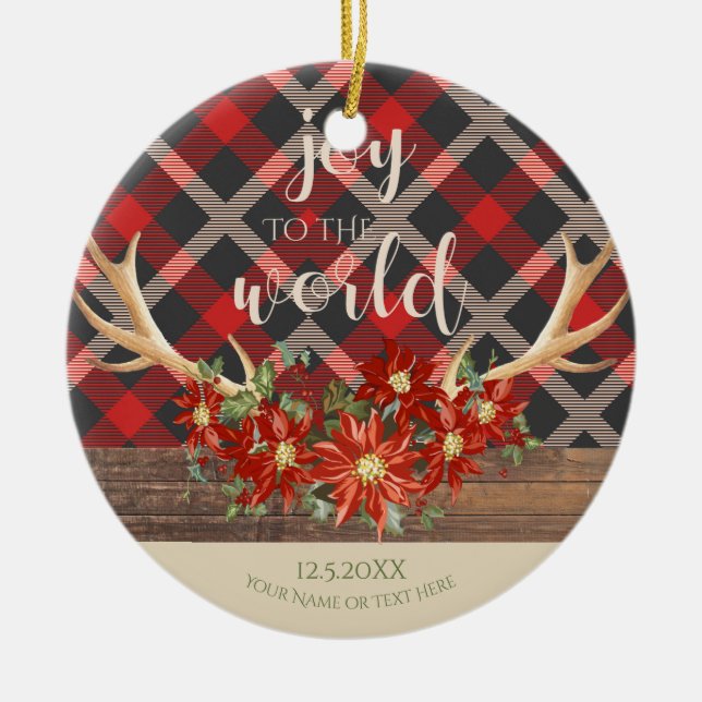 Woodland Antlers Poinsettias och Red Play Julgransprydnad Keramik (Framsidan)
