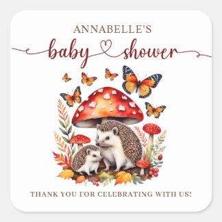 Woodland Autumn Hedgehog Baby Shower Fyrkantigt Klistermärke