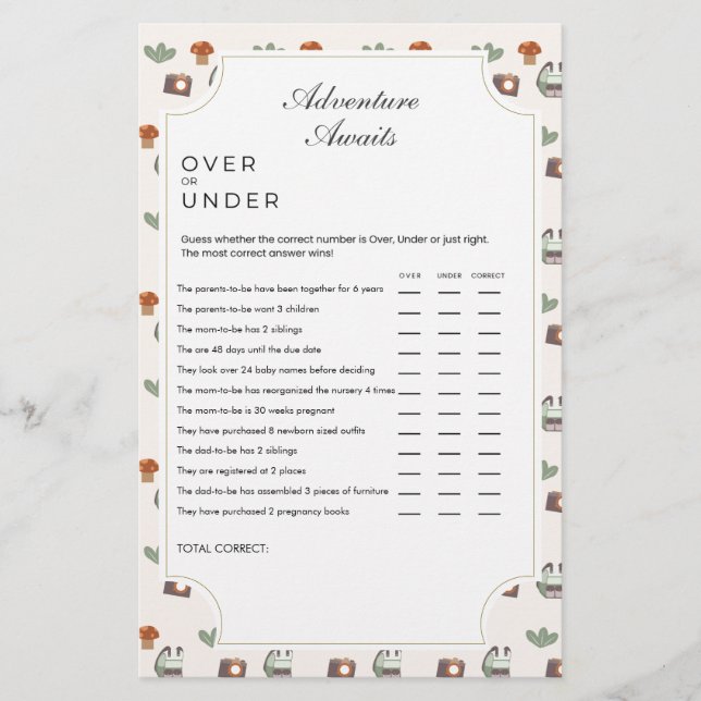 Woodland Äventyr Awaits Camping Baby Shower Game (Framsida)