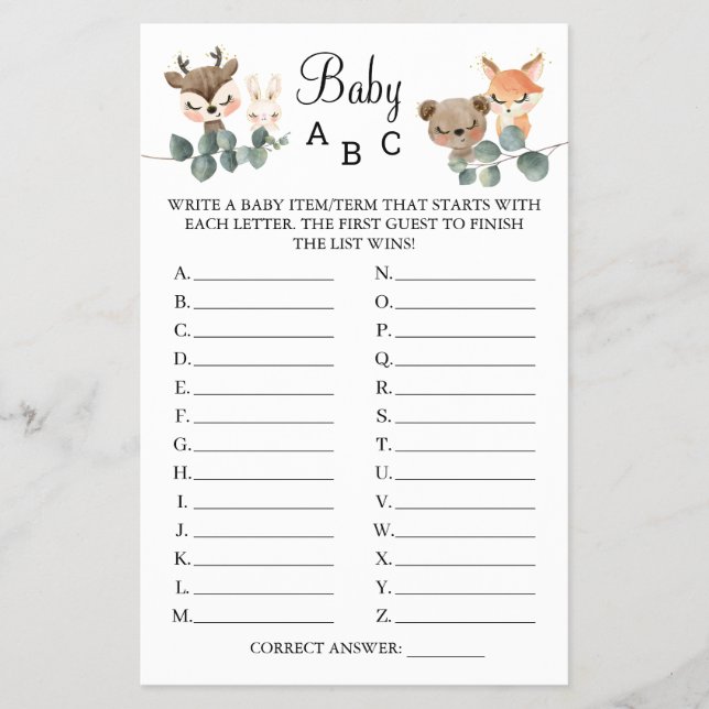 Woodland Baby ABC-duschkort Flygblad (Framsidan)