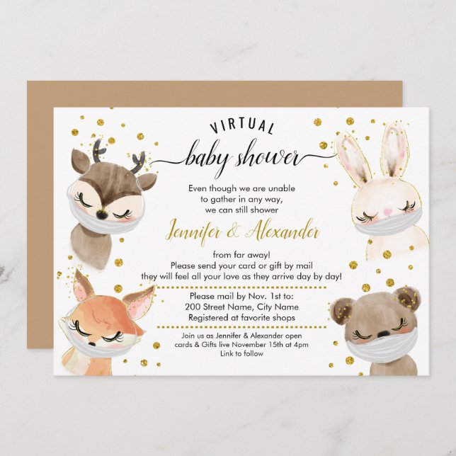 Woodland Baby djur Baby Shower per mail Inbjudningar (Fram/baksida)