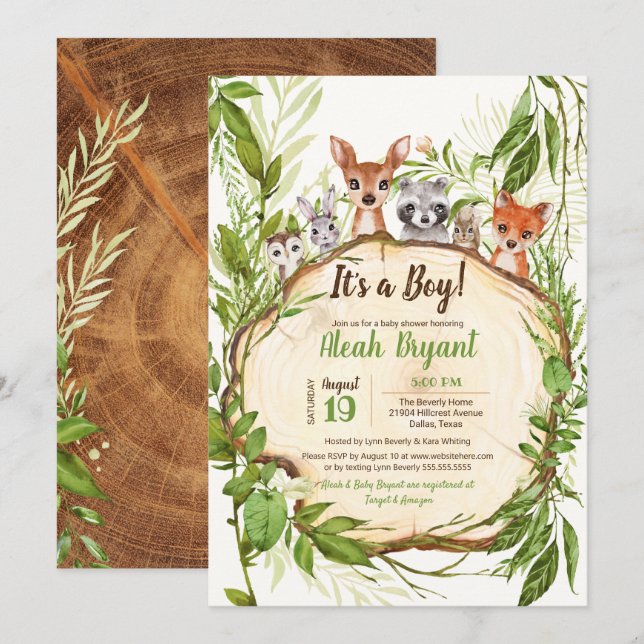 Woodland Baby djur Forest Boy Baby Shower Inbjudningar (Fram/baksida)