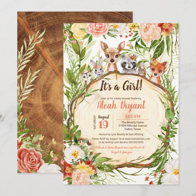 Woodland Baby djur Forest Girl Baby Shower Inbjudningar (Fram/baksida)