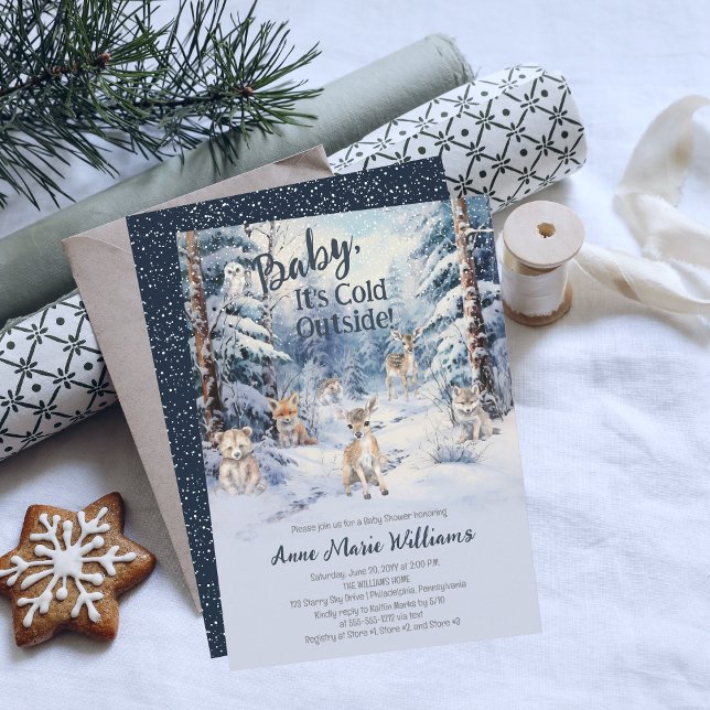 Woodland Baby djur Winter Boy Baby Shower Inbjudningar (Blue Rustic Woodland Animals Baby It's Cold Outside Boy Baby Shower Invitation)