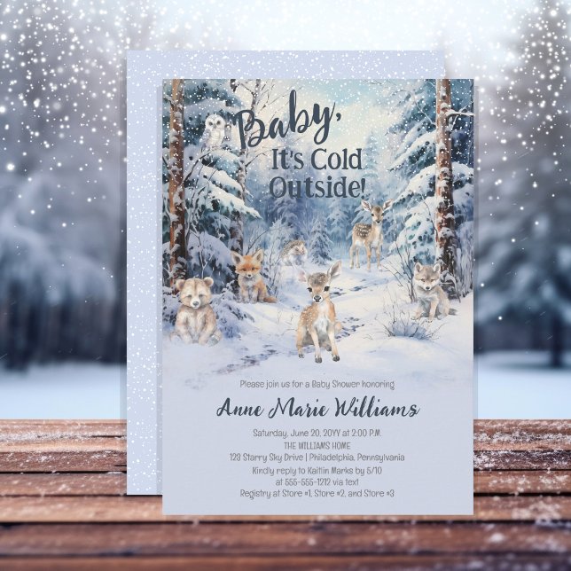 Woodland Baby djur Winter Boy Baby Shower Inbjudningar (Blue Rustic Woodland Animals Baby It's Cold Outside Boy Baby Shower Invitation)