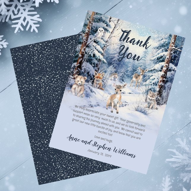 Woodland Baby djur Winter Boy Baby Shower Tack Kort (Blue Rustic Woodland Animals Baby It's Cold Outside Boy Baby Shower | Sprinkle Thank You Card)