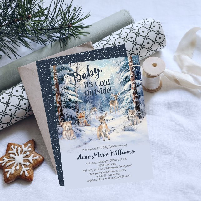 Woodland Baby djur Winter Boy Baby Sprinkle Inbjudningar (Blue Rustic Woodland Animals Baby It's Cold Outside Boy Baby Sprinkle Invitation)