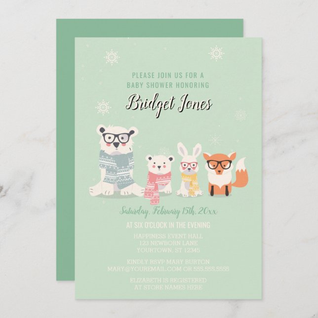 Woodland Baby djur Winter Forest Baby Shower Inbjudningar (Fram/baksida)