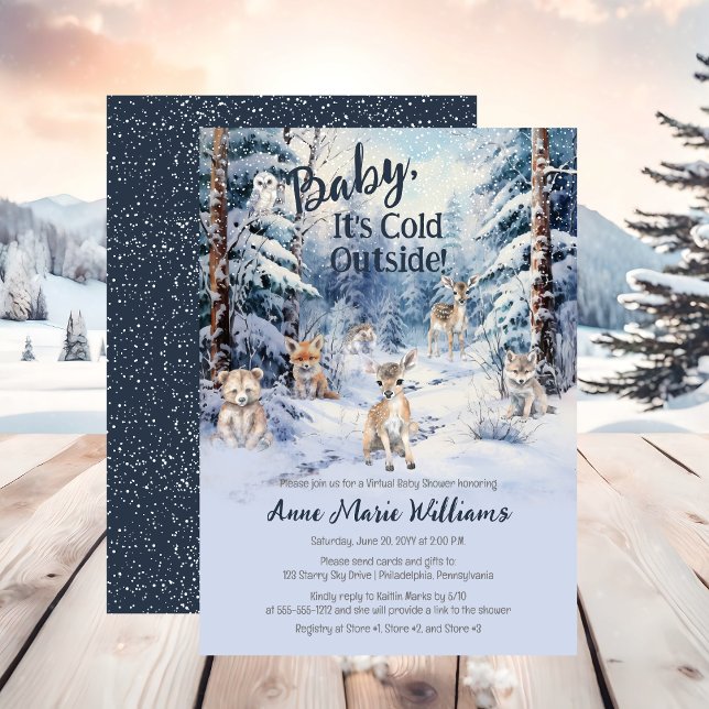 Woodland Baby djur Winter Virtuell Baby Shower Inbjudningar (Woodland Baby Animals Winter Virtual Boy Baby Shower Invitation)