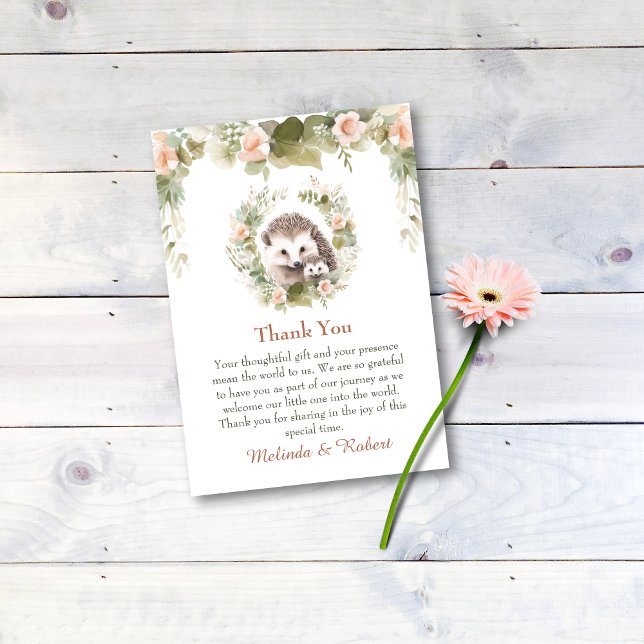 Woodland Baby med Cute Hedgehog Tack Kort (Woodland hedgehog thank you card. )