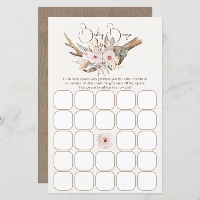 Woodland Baby Shower Bingo Game - Rustic Boho Wate (Fram/baksida)