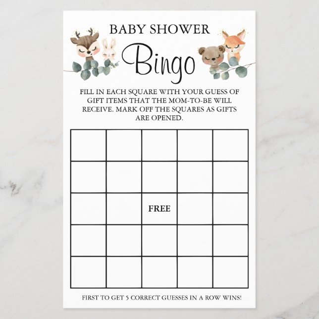 Woodland Baby Shower Bingo-spelkort Flygblad (Framsidan)
