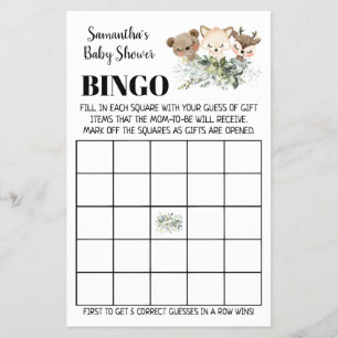 Woodland Baby Shower Bingo tvåspråkigt spelkort Flygblad