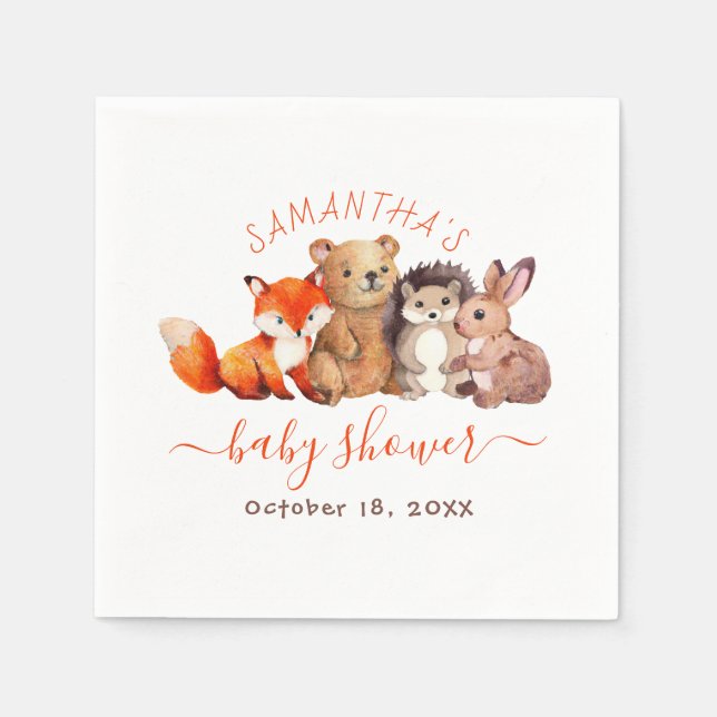 Woodland Baby Shower Cute Animals Red Handwrite Pappersservett (Framsidan)