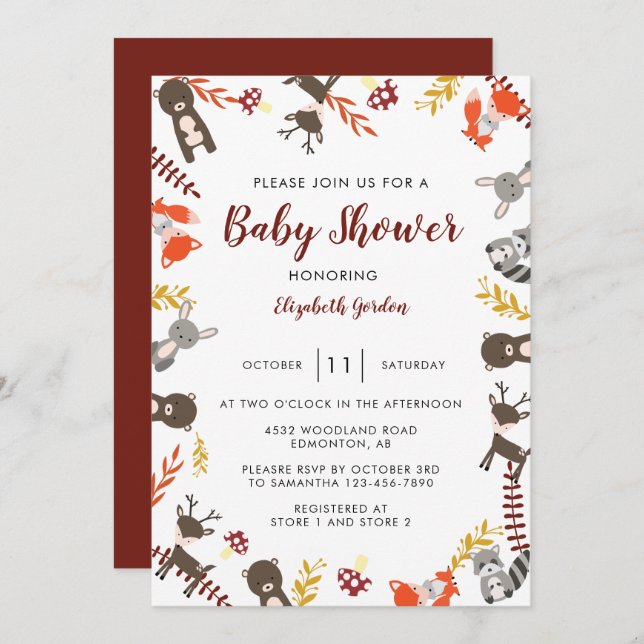 Woodland Baby Shower Cute Forest Animals Neutralt Inbjudningar (Fram/baksida)