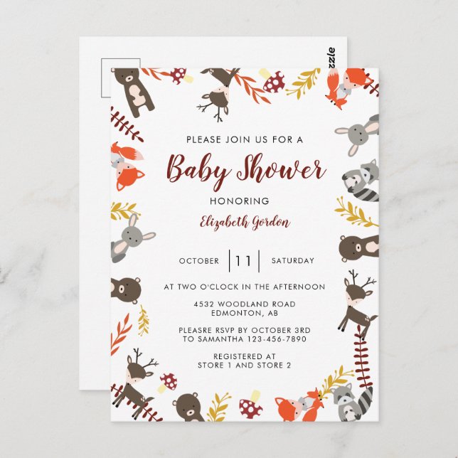 Woodland Baby Shower Cute Forest Animals Neutralt Vykort (Fram/baksida)
