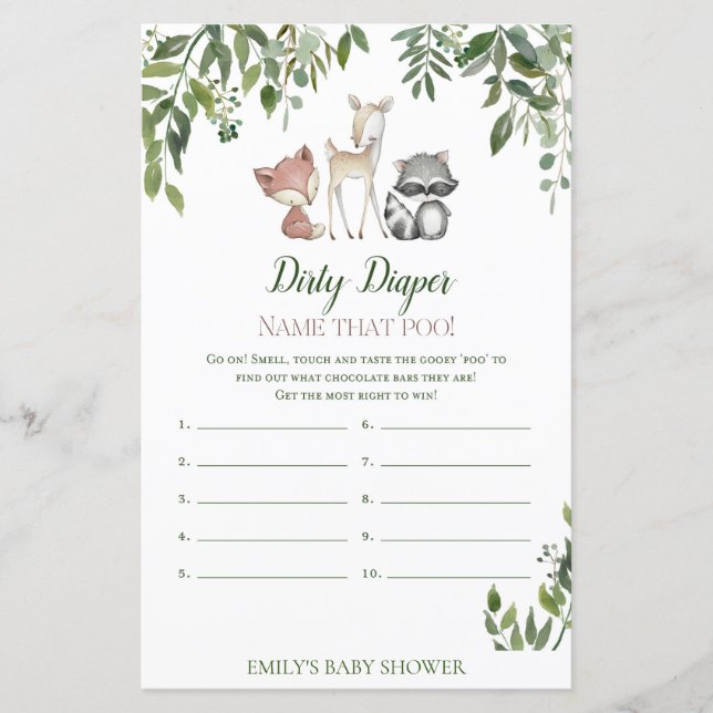 Woodland Baby Shower - Dirty Diaper Game (Framsida)