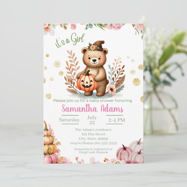 Woodland Baby Shower Fall Pumpkin Girl Inbjudningar (Stående Fram)