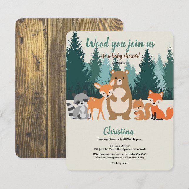 Woodland Baby Shower Forest Animals Greenery Invit Inbjudningar (Fram/baksida)