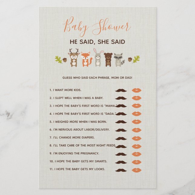 Woodland Baby Shower Game sa att hon sa att hon sa (Framsida)