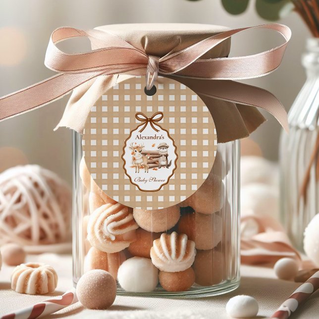 Woodland Baby Shower Gingham Neutralt Gåvor Etiketter (Skapare uppladdad)