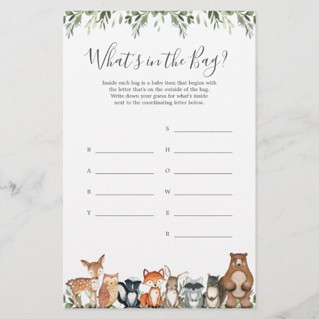 Woodland Baby Shower Gissa vad som finns i Bag-spe (Framsida)