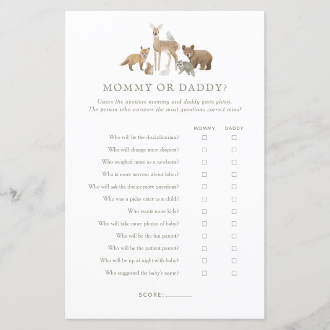 Woodland Baby Shower Gissa vem Mamma eller pappa G (Framsida)
