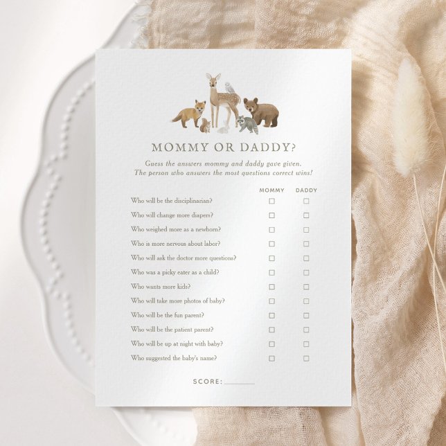 Woodland Baby Shower Gissa vem Mamma eller pappa G Inbjudningar (Skapare uppladdad)