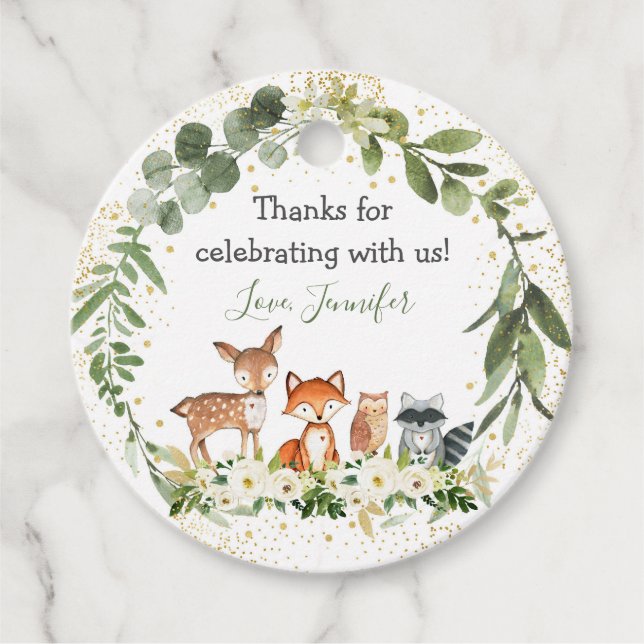 Woodland Baby Shower Greenery Forest Animal Gåvor Etiketter (Framsida)