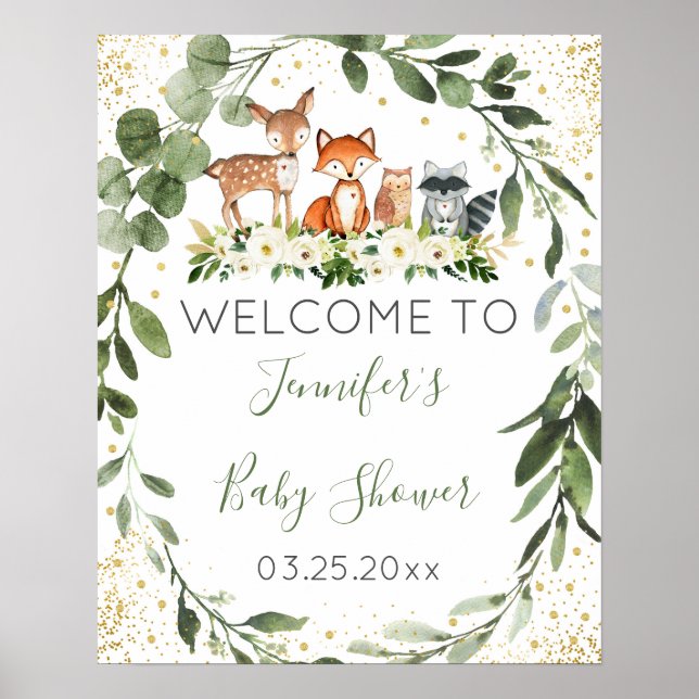 Woodland Baby Shower Greenery Välkommen Poster (Framsidan)