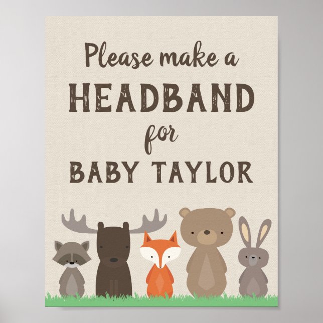 Woodland Baby Shower Headband Station-tecken Poste Poster (Framsidan)