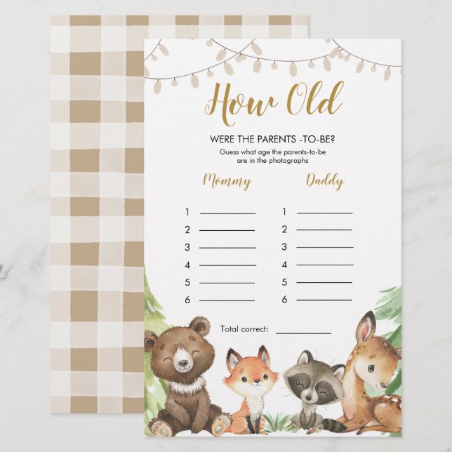 Woodland Baby Shower Hur gammal var föräldrarna? (Fram/baksida)