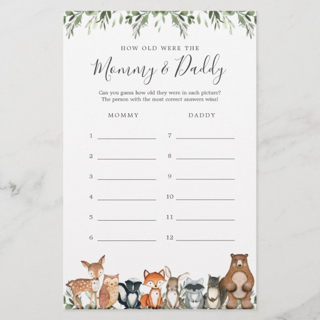 Woodland Baby Shower hur gammalt de spelade kort (Framsida)