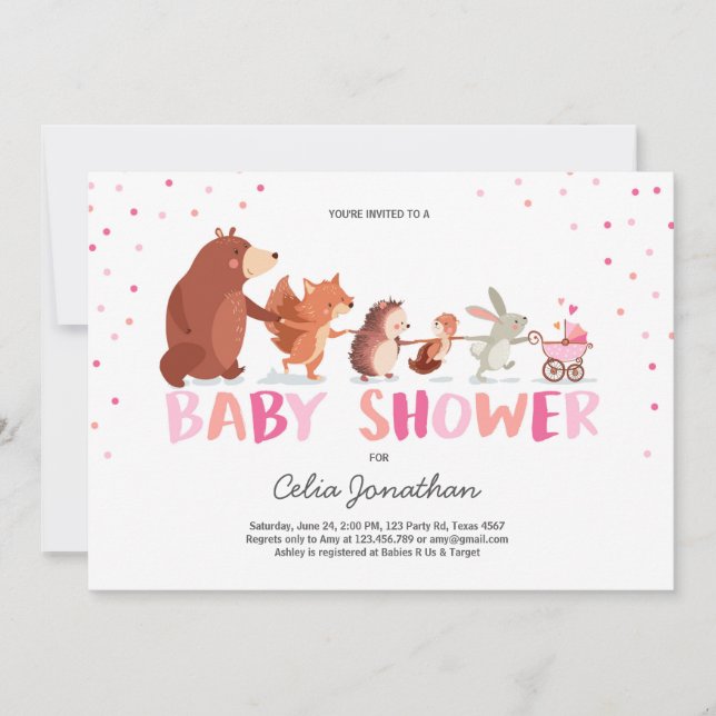 Woodland Baby Shower-inbjudan Flickor rosa Animals Inbjudningar (Framsida)