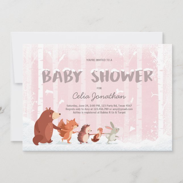 Woodland Baby Shower-inbjudan Rosa Winter Snö Inbjudningar (Framsida)