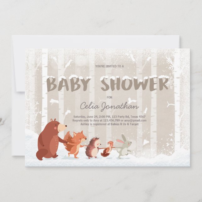 Woodland Baby Shower-inbjudan Winter Snöflingor Inbjudningar (Framsida)