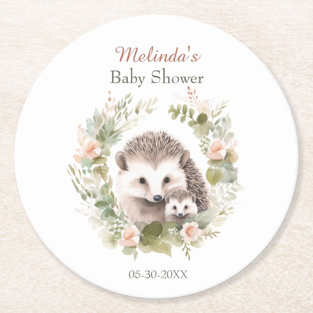 Woodland Baby Shower med Cute Hedgehog Underlägg Papper Rund (Framsidan)
