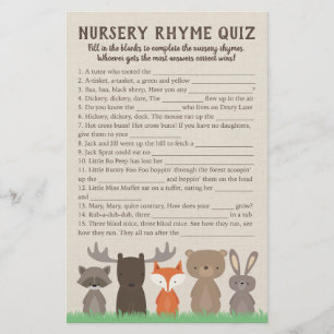 Woodland Baby Shower Nursery Rhyme Quiz-spelkort Flygblad