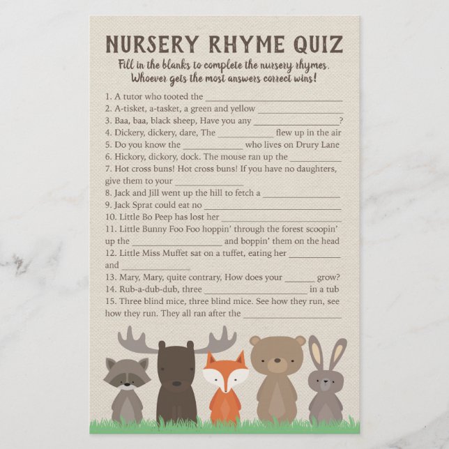 Woodland Baby Shower Nursery Rhyme Quiz-spelkort Flygblad (Framsidan)