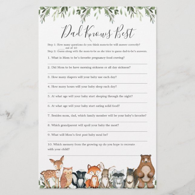 Woodland Baby Shower Pappa känner till bästa spel (Framsida)