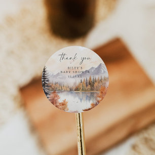 Woodland Baby Shower Round Sticker Mountains Boy Runt Klistermärke