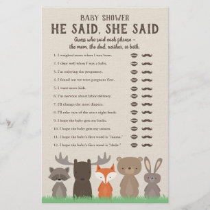 Woodland Baby Shower sa att hon sa att spelkort Flygblad