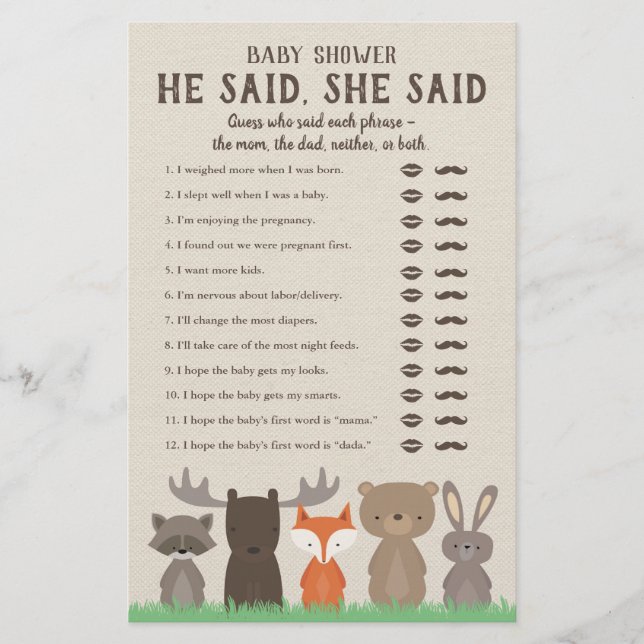 Woodland Baby Shower sa att hon sa att spelkort Flygblad (Framsidan)