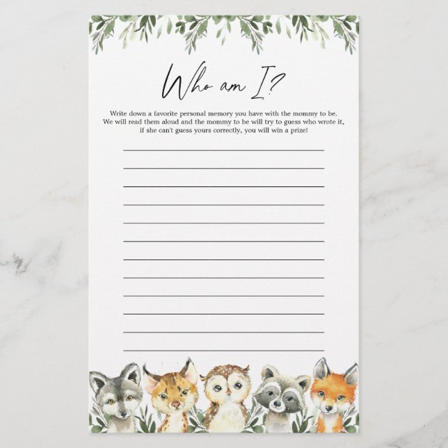 Woodland Baby Shower Vem är jag? (Framsida)