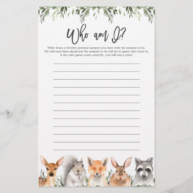 Woodland Baby Shower Vem är jag? (Framsida)
