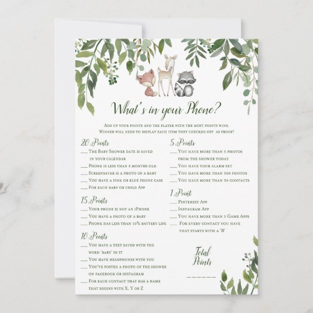 Woodland Baby Shower - What's in Your Mobil Game Inbjudningar (Framsida)