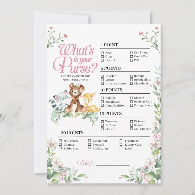 Woodland Baby Shower What's in your Purse Game Inbjudningar (Framsida)