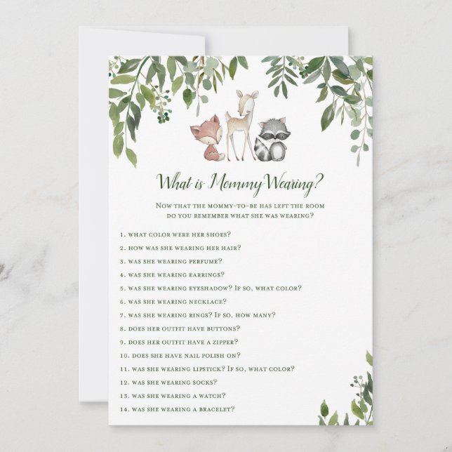 Woodland Baby Shower What's Mamma Wearing Game 5x7 Inbjudningar (Framsida)