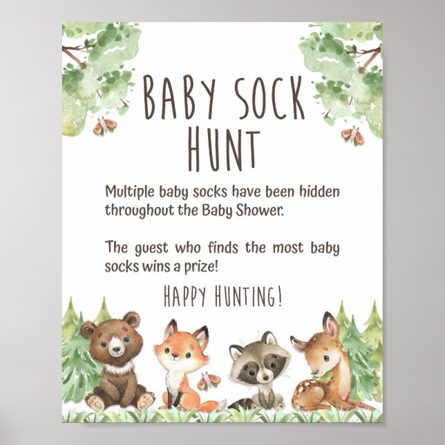 Woodland Baby Sock Hunt Shower Game Sign Poster (Framsidan)