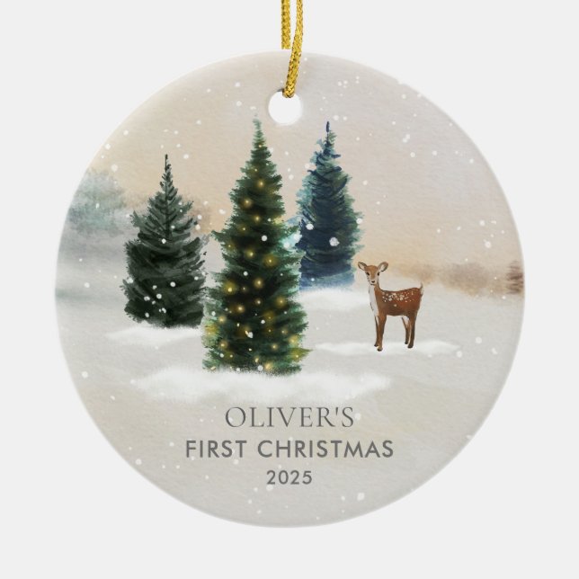 Woodland Baby's First Christmas Photo Julgransprydnad Keramik (Framsidan)